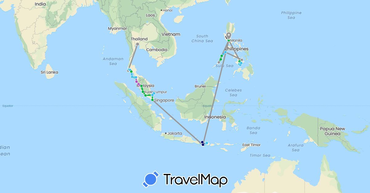 TravelMap itinerary: driving, bus, plane, train, boat, motorbike in Indonesia, Malaysia, Philippines, Singapore, Thailand (Asia)